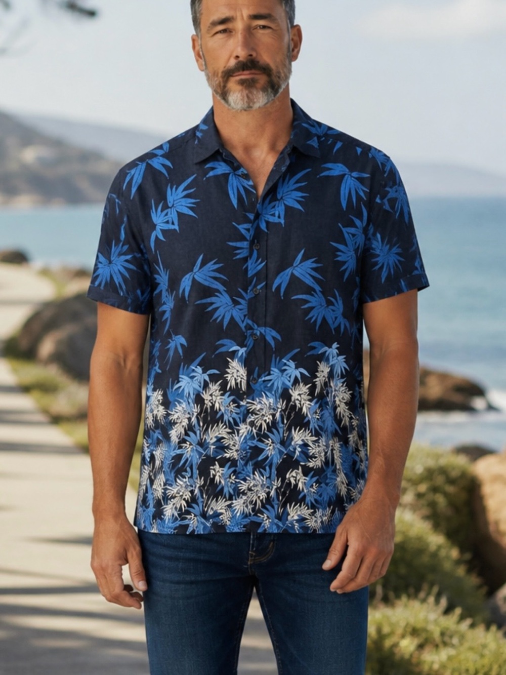Puritan Navy and Blue Tropical Print Short-Sleeve Button-Down Shirt Size XL